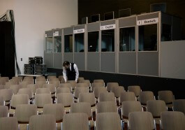 worker is arrainging the conference room - Close UP Berlinale 