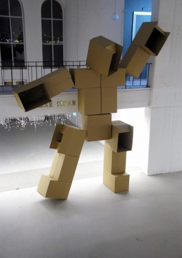 the big cardboard robot in the entrance hall 